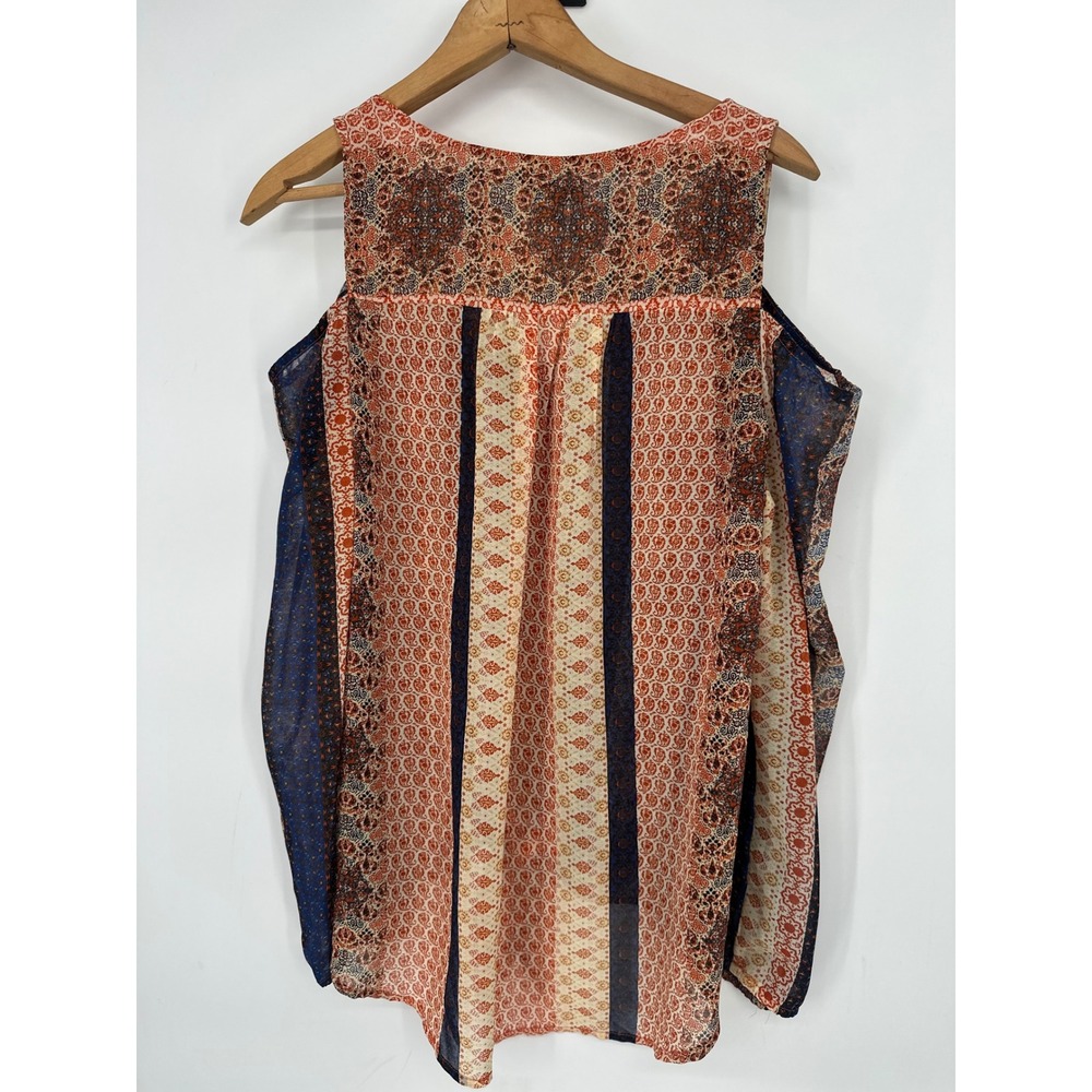 One World Top Women L Button Boho Cold Shoulder Tie Front Medallion Print Sheer - Picture 3 of 9